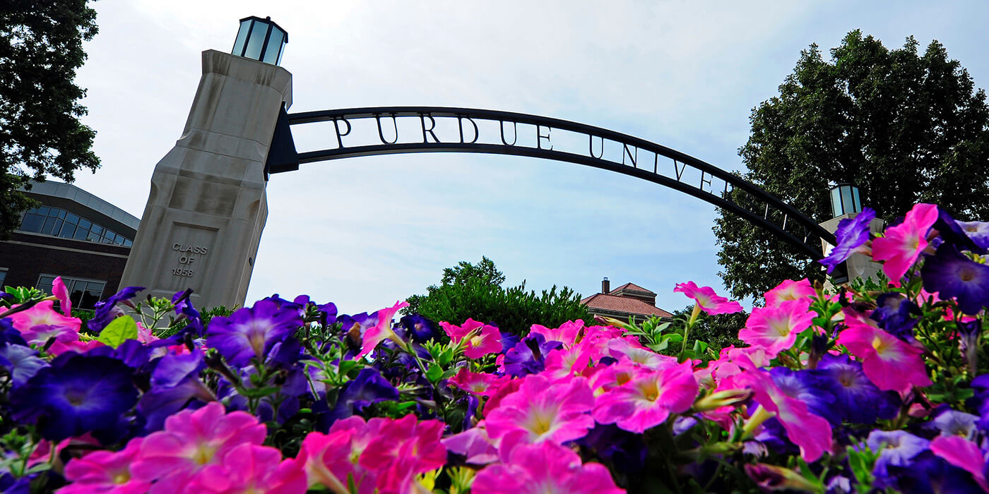 Springtime flowers near the Purdue Engineering Arch.
