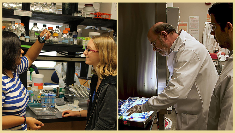 Left: Ankita Thawani and Mary Scott. Right: Professor Richard Kuhn with graduate student Carlos Brito.