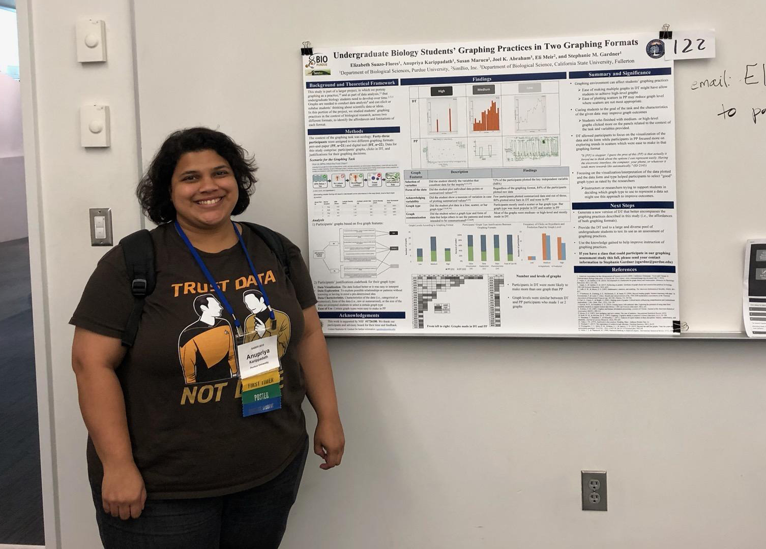 Anupriya standing next to her poster at the SABER conference