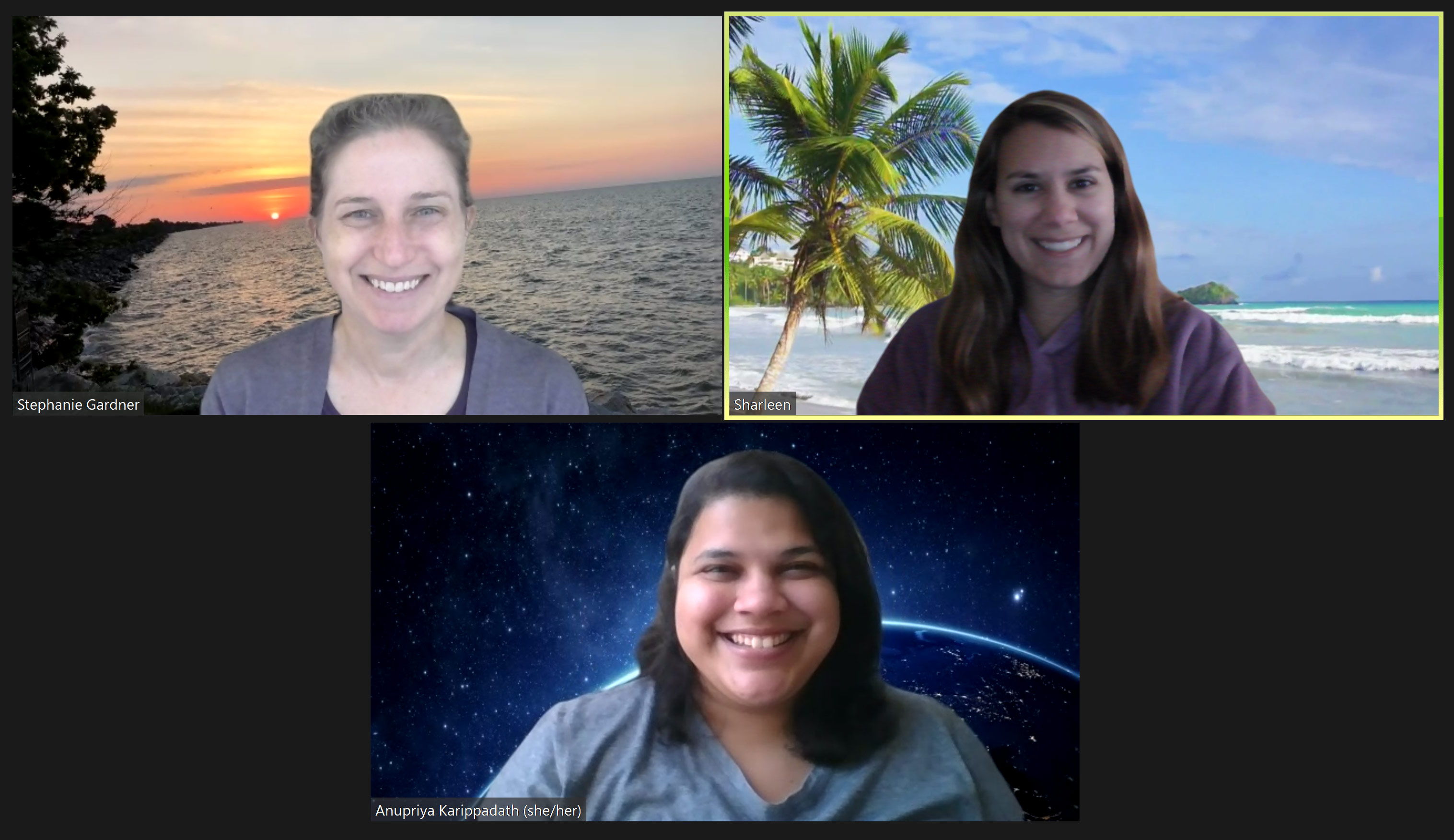 Stephanie, Sharleen, and Anupriya meeting virtually