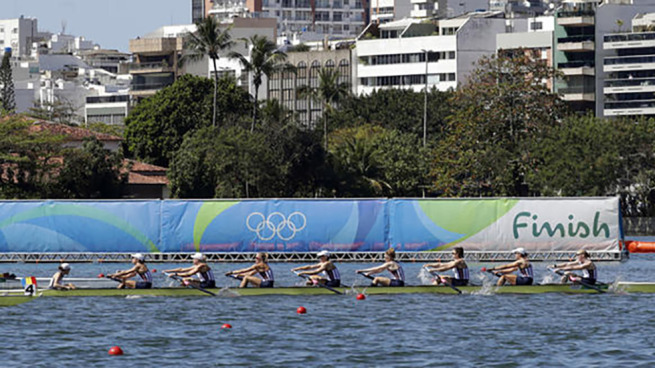 Purdue alumna Amanda Elmore rowing at the 2016 Olympic Games.