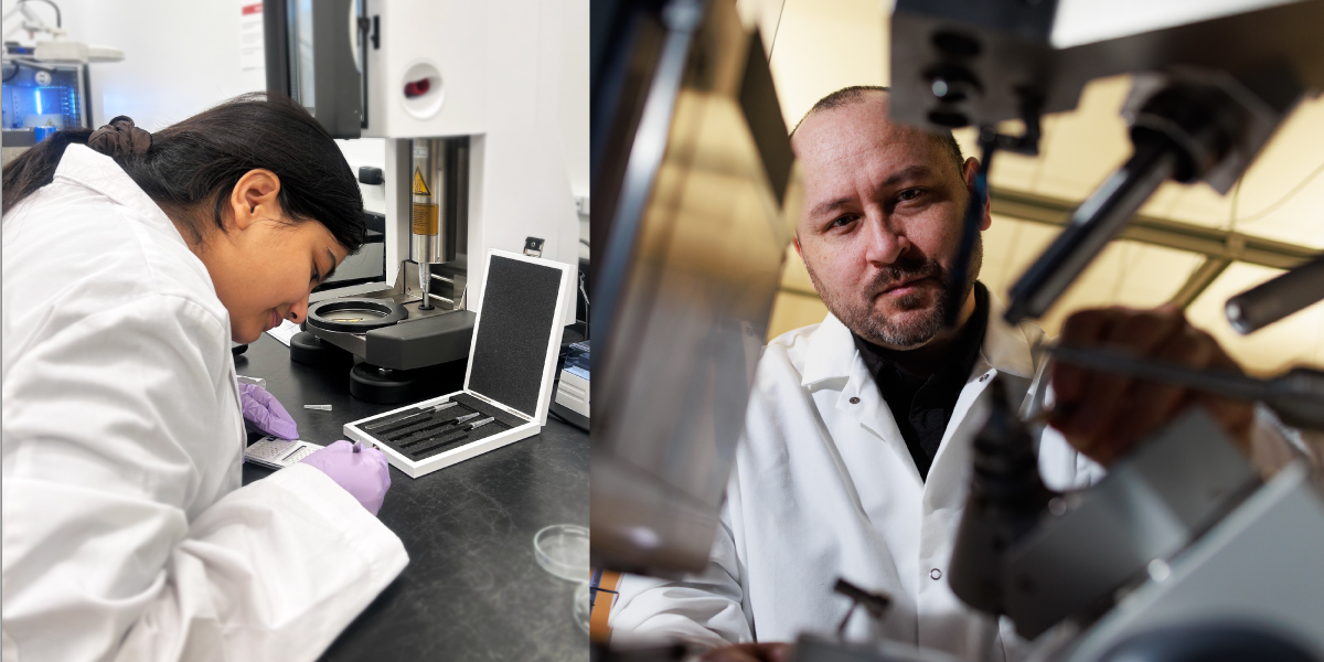 Shubham Dubey on the left and Nick Noinaj on the right, both working in the lab