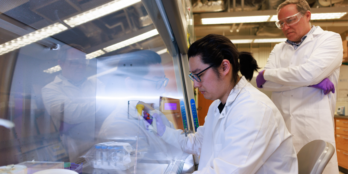 Matthew Olson and Franklin Yeo working together in the lab