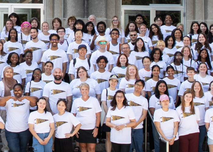 Group photo of members of Purdue Biological Sciences standing on the steps of Lilly Hall