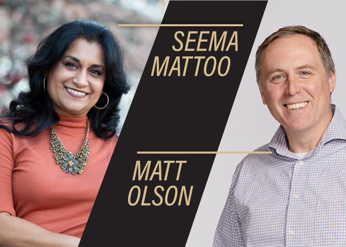 Collage of headshots of Seema Mattoo and Matt Olson overlaid with a black bar and text with their names